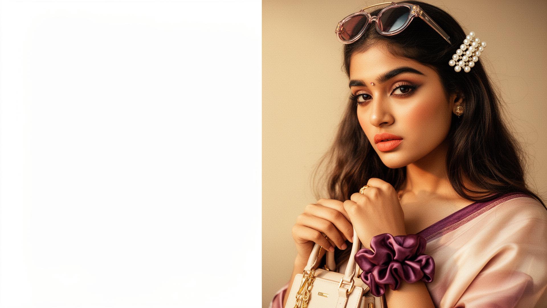 Indian Gen-Z model with pearl claw clip and Y2K tinted sunglasses