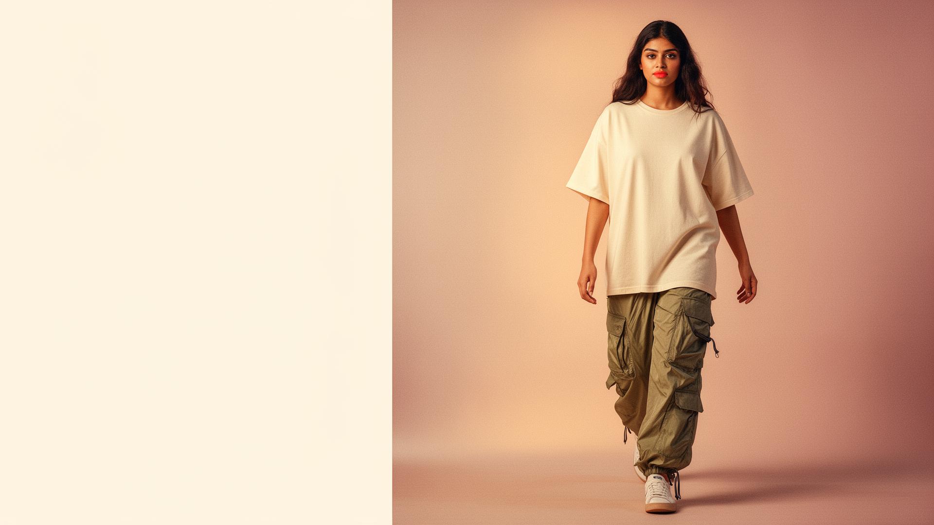 Indian Gen-Z model in oversized cream tee and parachute cargo pants