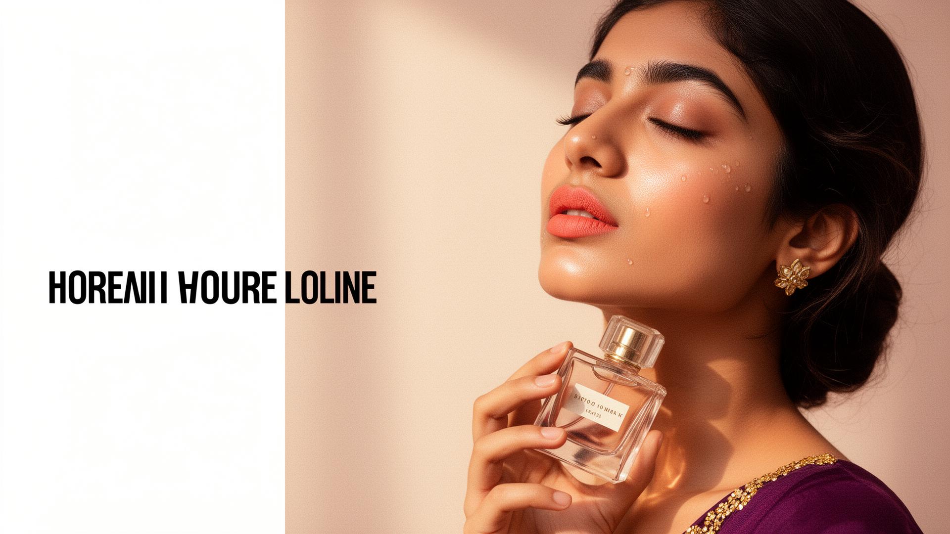 Indian Gen-Z model holding a glass perfume bottle near her neck