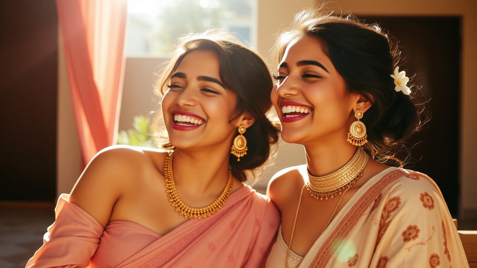 Two friends laughing together wearing Uii Maa jewellery